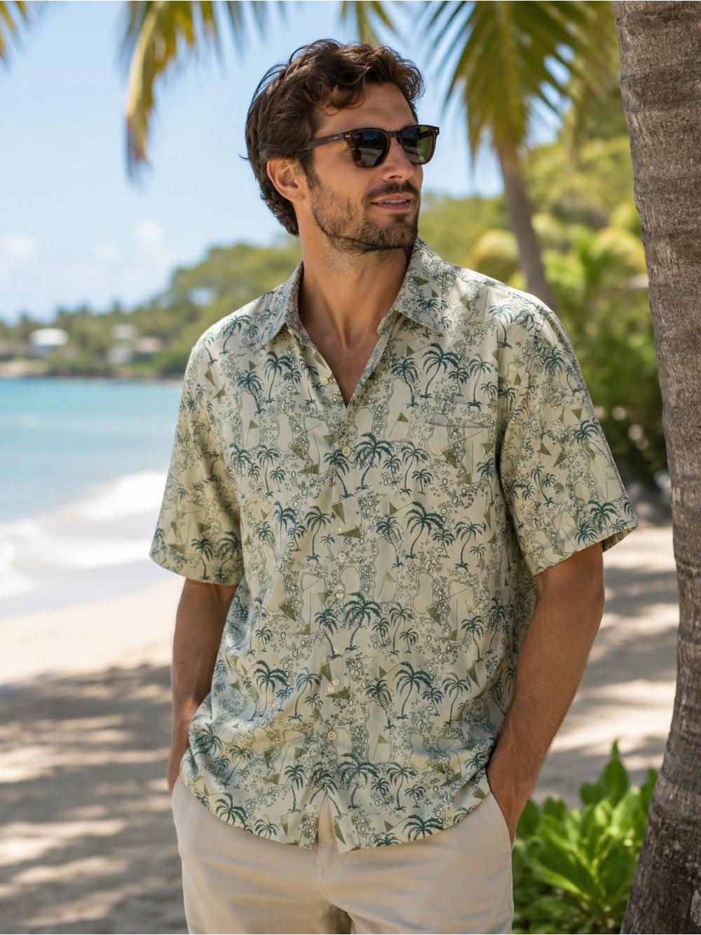 Ron Jon Surf Shop Men’s Hawaiian Palm Tree Camp Shirt - Tan/Green,  XXL